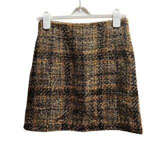 Hirsch Wool Blend Tweed Plaid Mini Skirt Brown Mustard Black Size 36 (US 6)